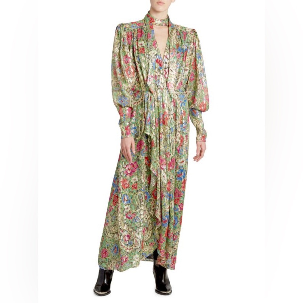 ISABEL MARANT Nalisma Metallic Floral Puff Long Sleeve Silk Dress